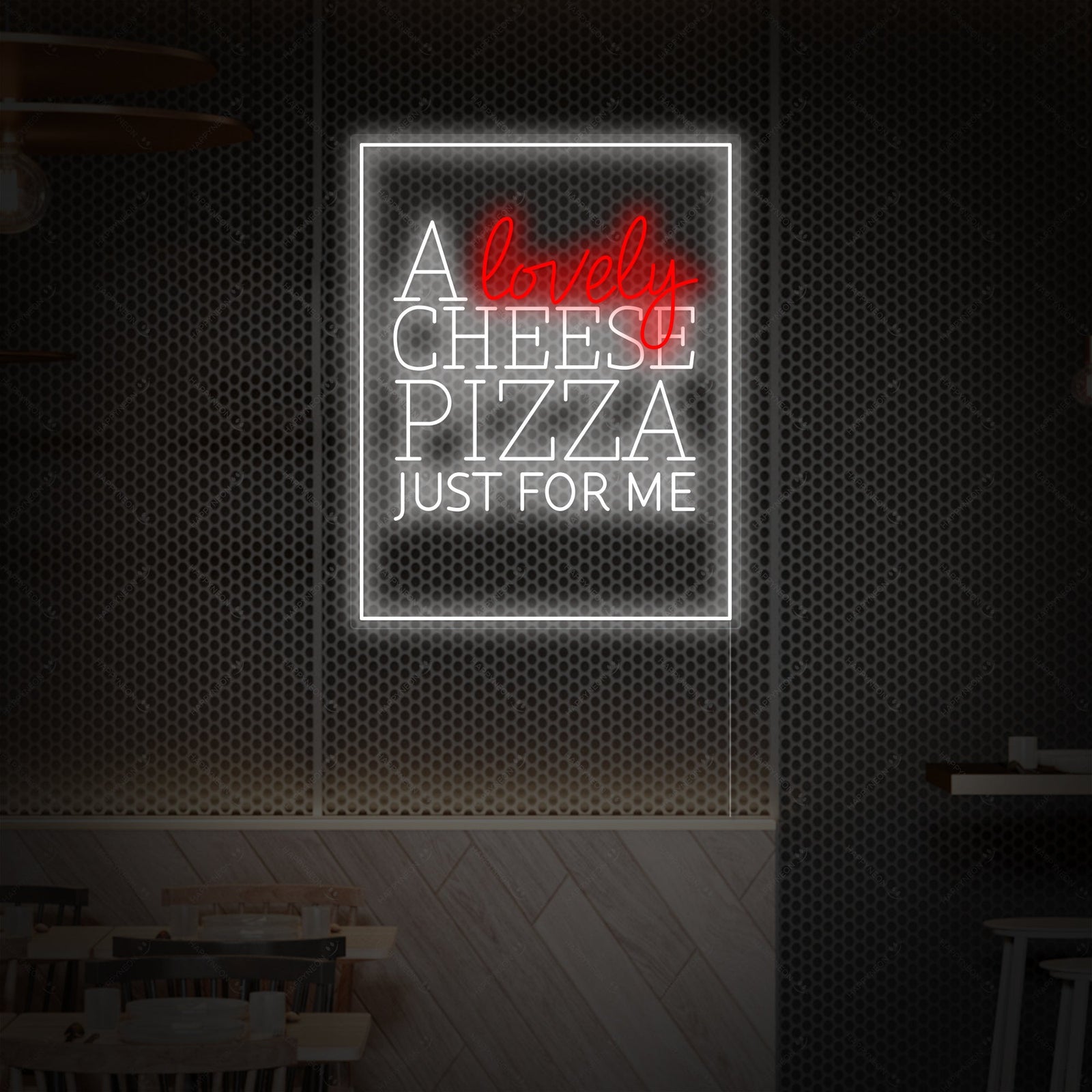 A clean graphic design layout of the iconic movie quote, "A Lovely Cheese Pizza Just for Me," rendered in bright neon blue lettering with a stylized yellow cheese slice icon above it.