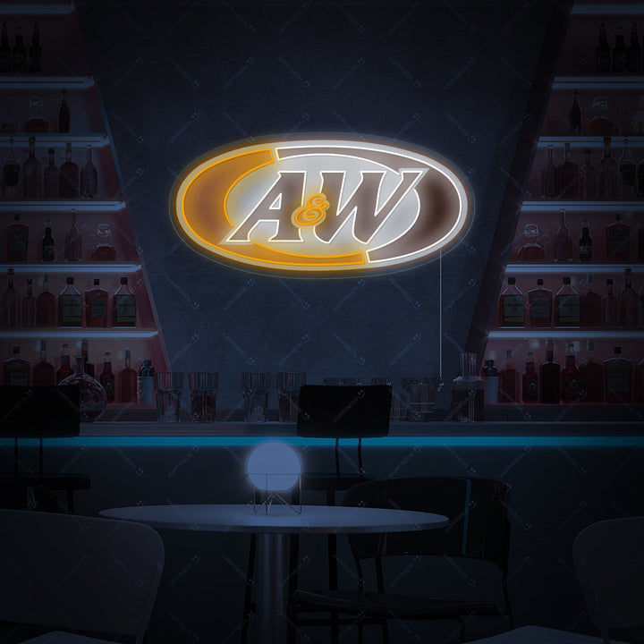 Close-up detail shot of the A&W Beer Logo neon sign showing the tubing, backing board, and glowing light against a dark wall.