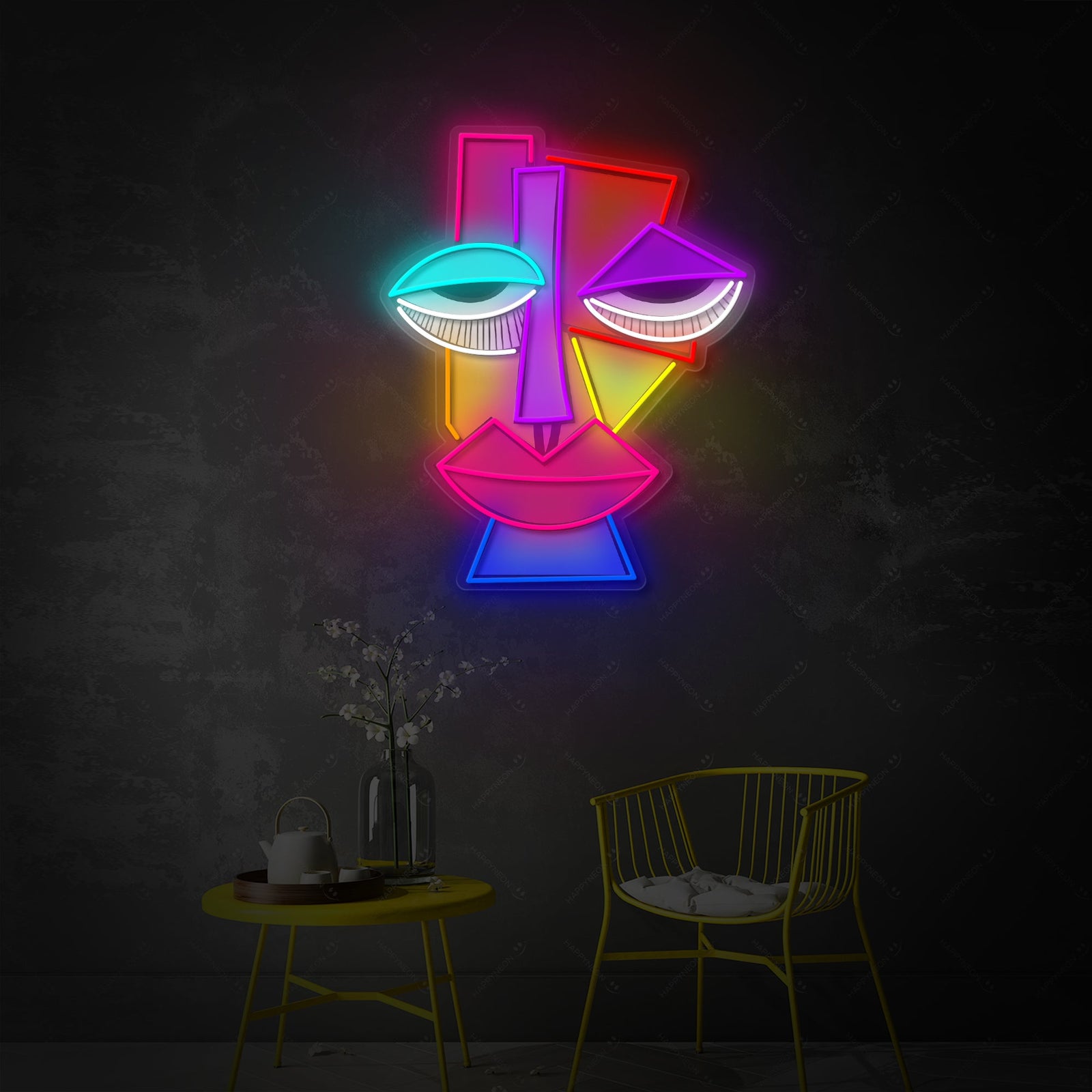 Close-up of the 'Abstract Face Picasso' neon wall decor glowing with intricate light tubes.
