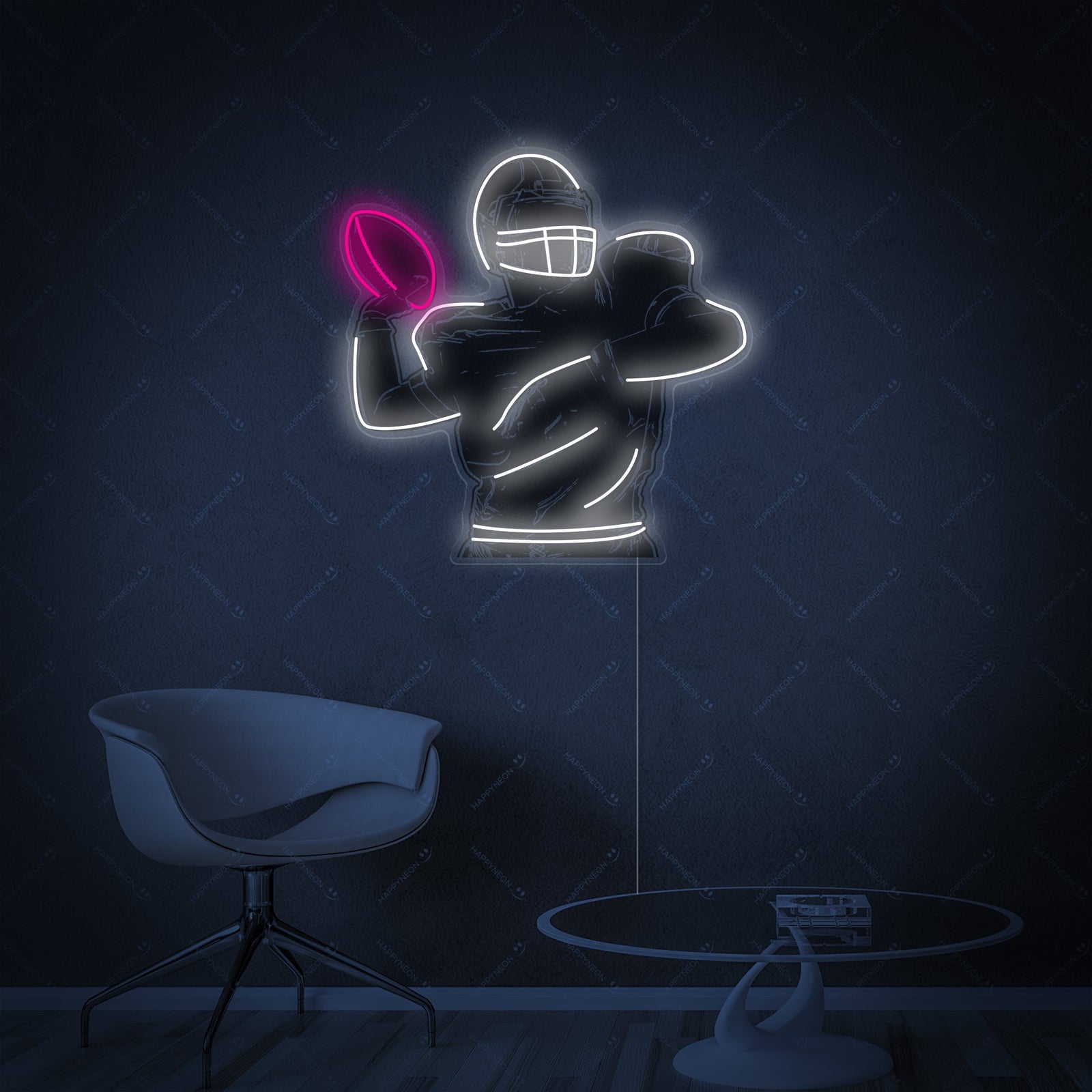 A clean graphic representation of an abstract silhouette neon sign showing an American football player running with a ball.