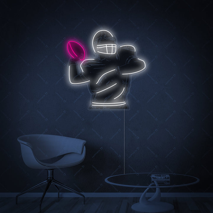 A clean graphic representation of an abstract silhouette neon sign showing an American football player running with a ball.