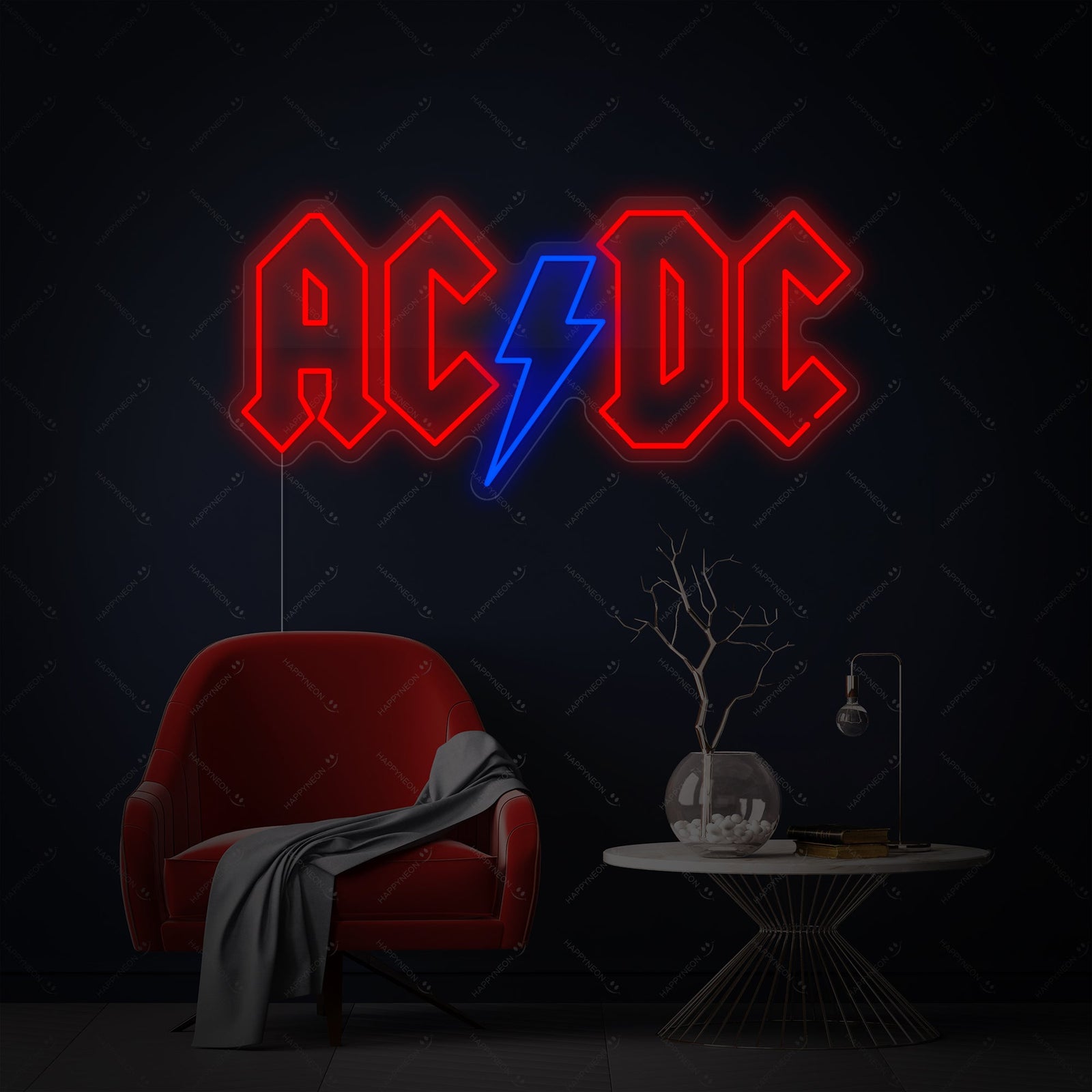 Detailed shot of the illuminated ACDC neon sign showing the craftsmanship and mounting.
