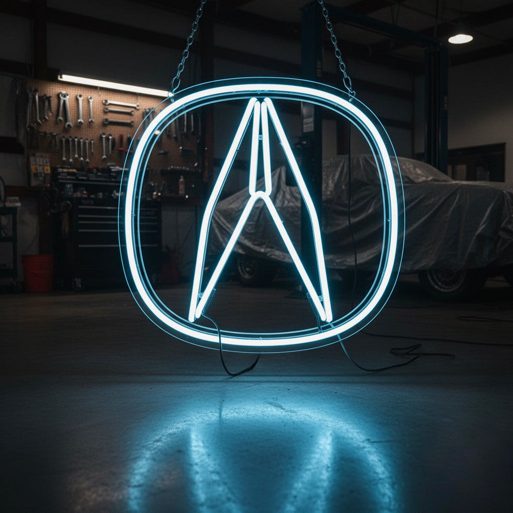 A vibrant blue Acura logo neon sign glowing brightly in a garage setting, displaying the iconic 'A' inside an oval.