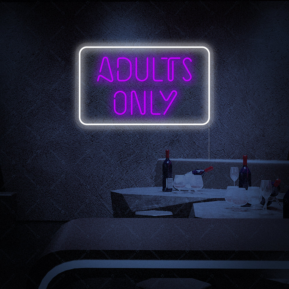 A close-up view of the detailed 'Adult Only' neon sign, showcasing the glowing tubes mounted against a stylized background.