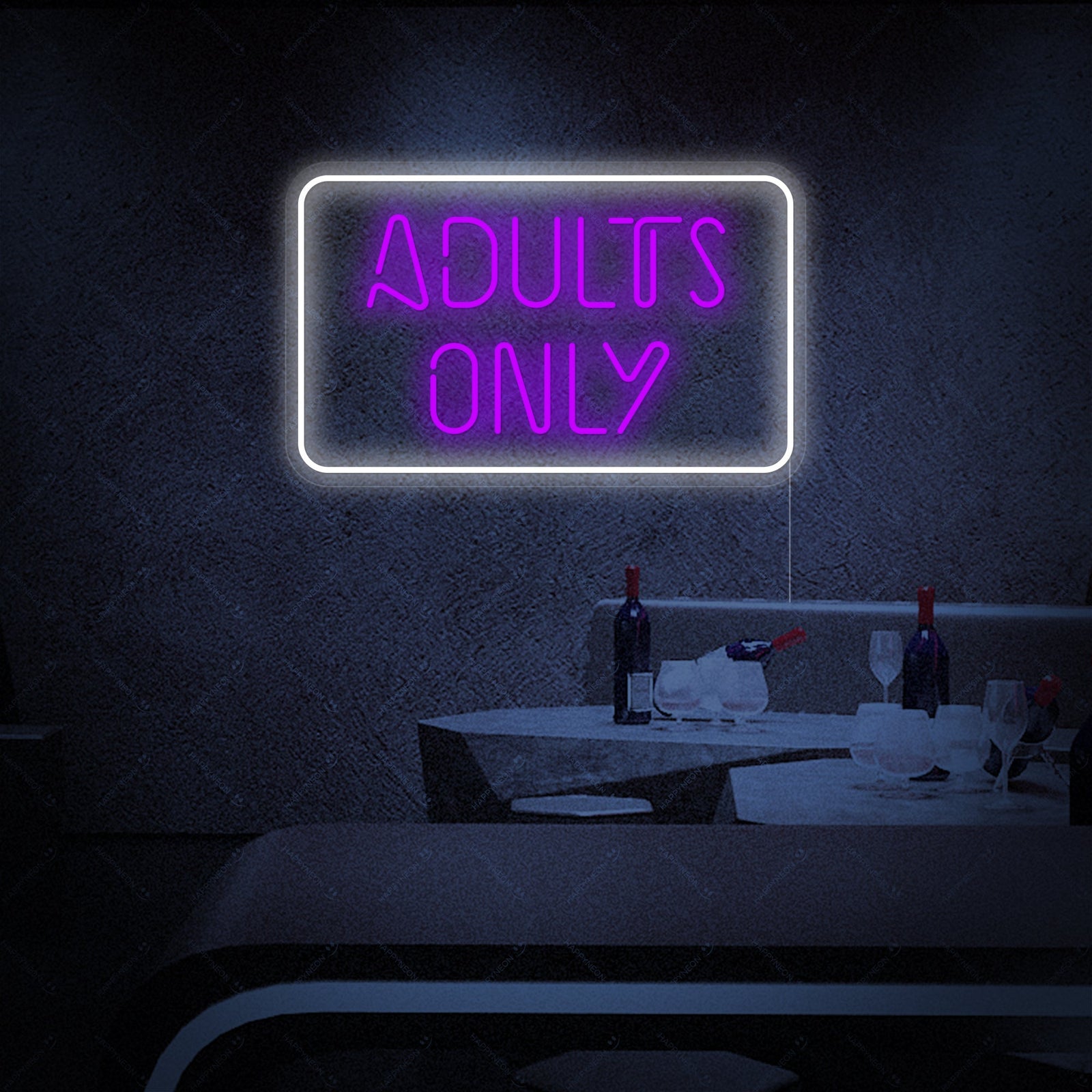 A close-up view of the detailed 'Adult Only' neon sign, showcasing the glowing tubes mounted against a stylized background.