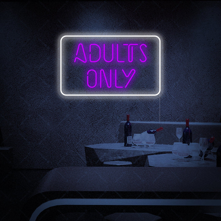 A close-up view of the detailed 'Adult Only' neon sign, showcasing the glowing tubes mounted against a stylized background.