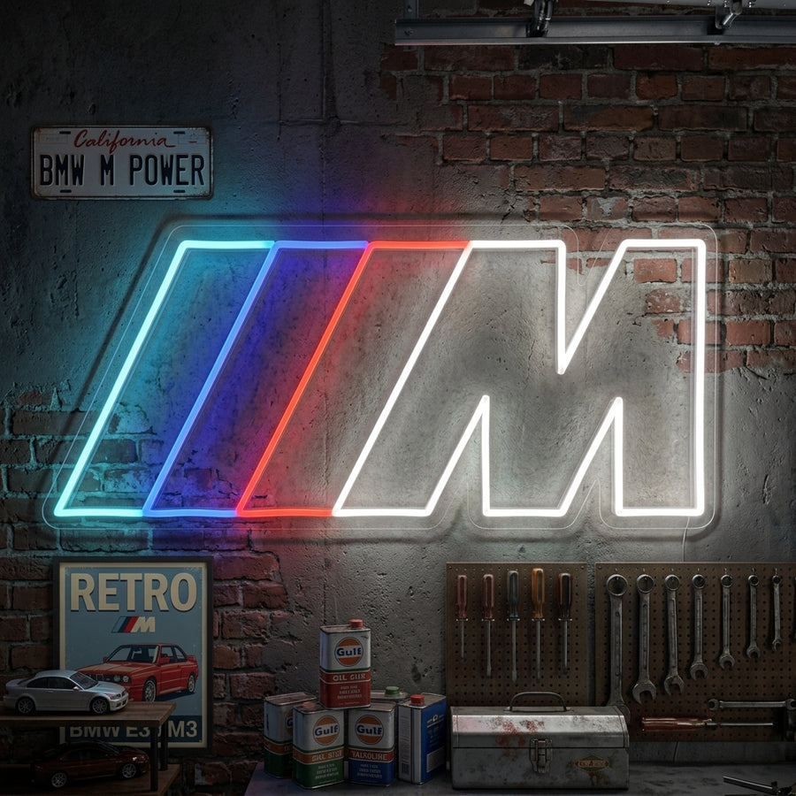 Car Garage Neon Sign hanging on a wooden wall above a workbench with tools, showcasing the warm glow and realistic texture in a cozy, authentic garage environment.