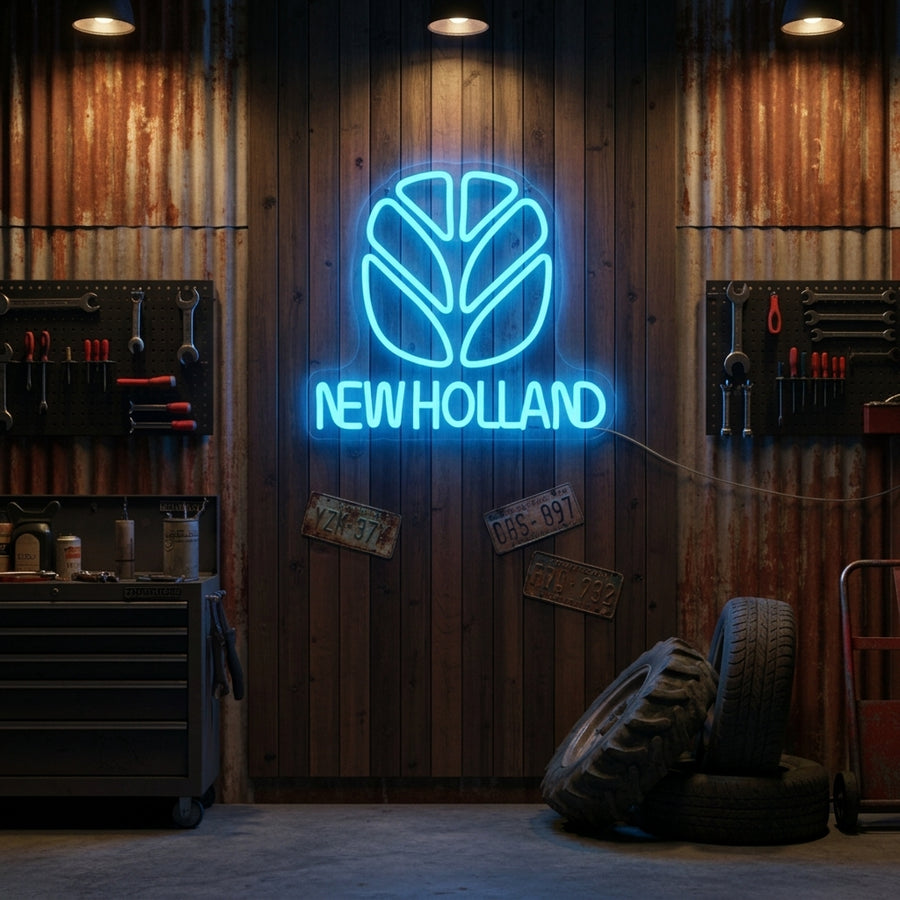 A New Holland neon sign mounted on a brick wall in a garage setting with tools.