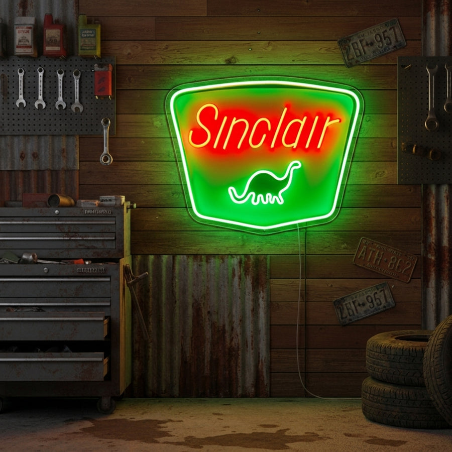Mockup of the Sinclair Dinosaur Gasoline neon sign displayed on a garage wall above tools.