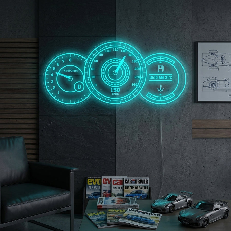 Car Speedometer neon sign on a realistic brick wall inside a well-lit, stylish garage environment.