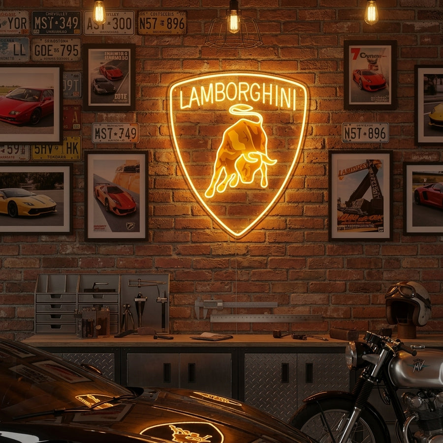 A glowing yellow 'Luxury Bull Logo' neon sign displayed prominently on a rustic brick wall, adding a dynamic and vibrant accent to a modern, stylish interior space.