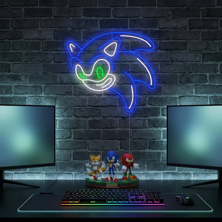 AI generated lifestyle mockup of a blue 'Sonic' neon sign glowing above a modern desk setup