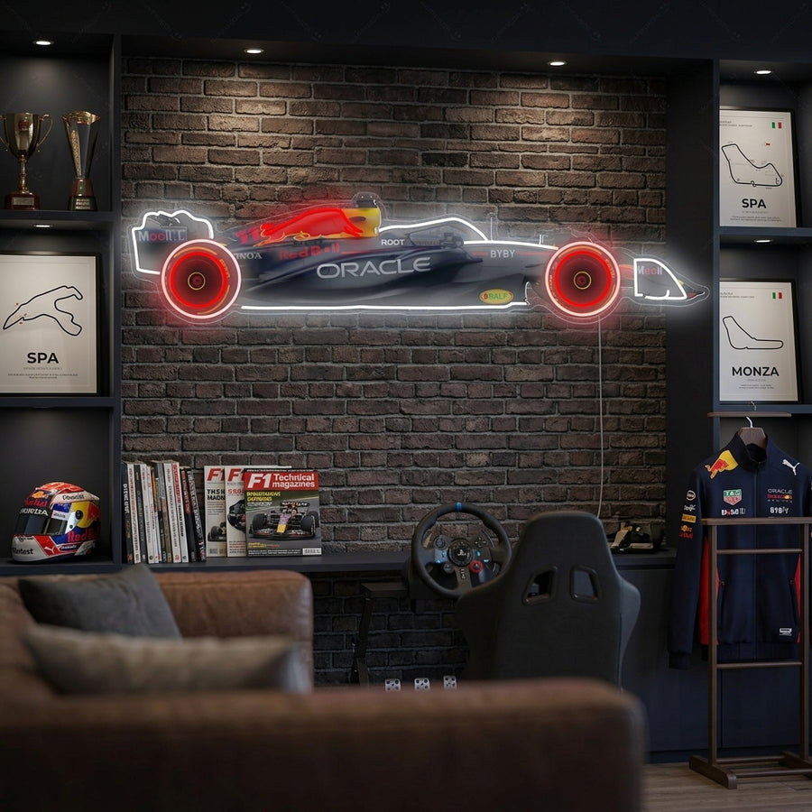 Rb F1 car neon sign glowing on a textured brick wall in a modern living space lifestyle setting.