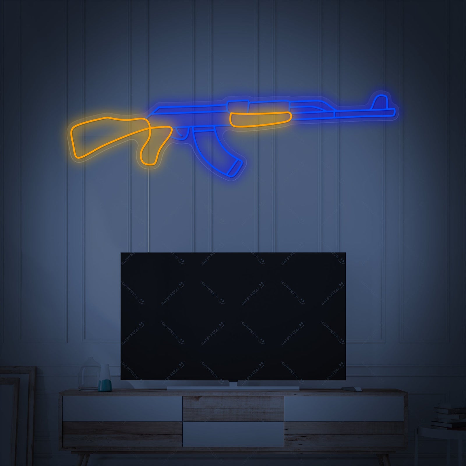 A detailed product render of the Ak47 neon sign, showcasing the intricate outline and glass tubing, with soft, realistic reflections on a dark background.