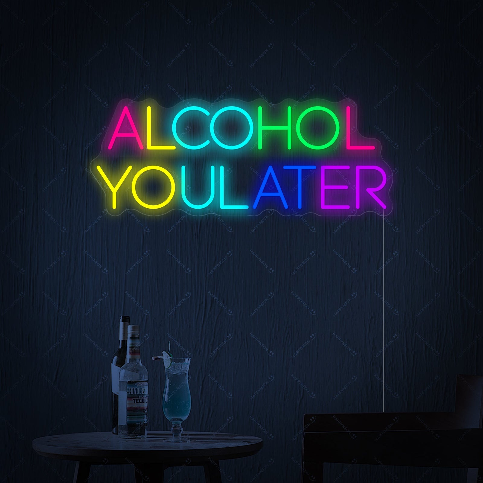 Detailed product shot of the 'Alcohol You Later' neon sign with clear backing on a dark background.