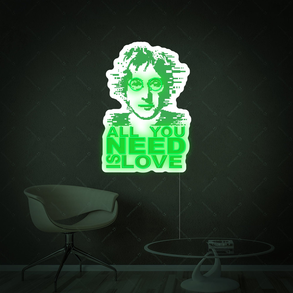 Close-up view of the 'All You Need Is Love' neon wall decor, showcasing the detailed colorful design and luminous glow against a textured backdrop.