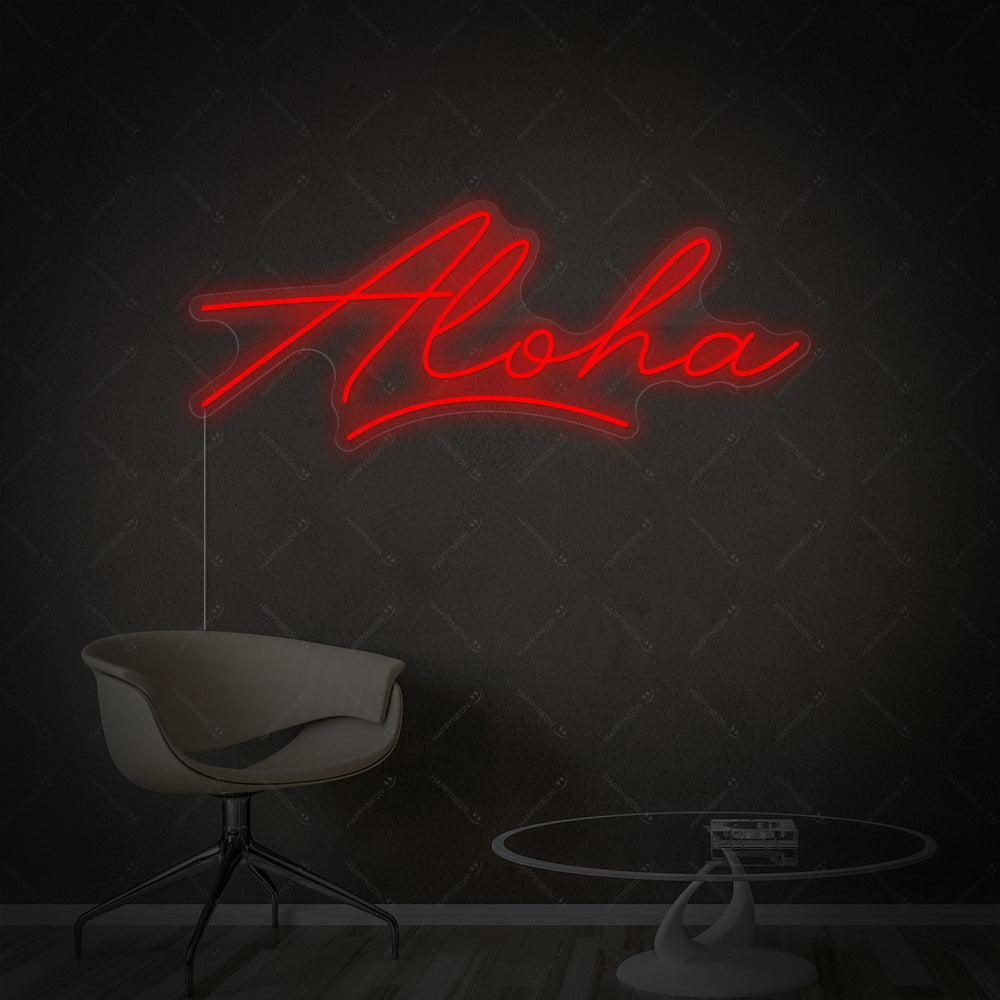 Handmade Aloha neon sign mounted on a clear backboard over a textured wall.