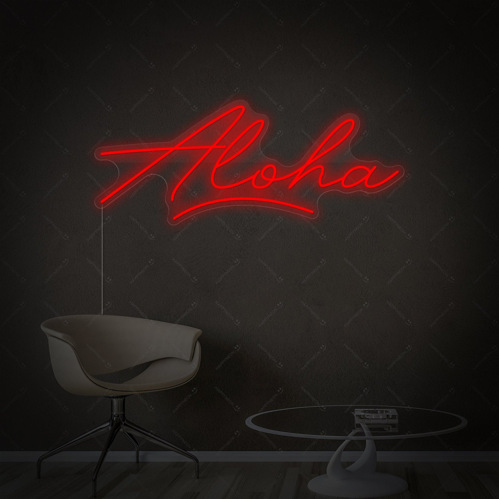 Handmade Aloha neon sign mounted on a clear backboard over a textured wall.