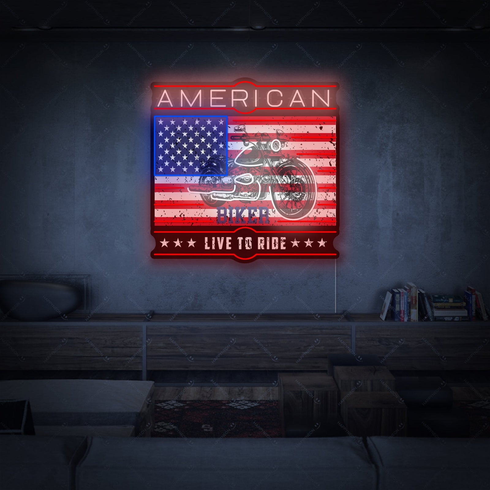 A graphic representation of the American Biker Live To Ride neon sign design.