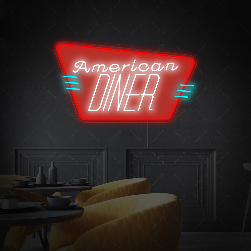 A graphic design mockup of a neon sign featuring the words 'American Diner' in a stylized vintage shield design.