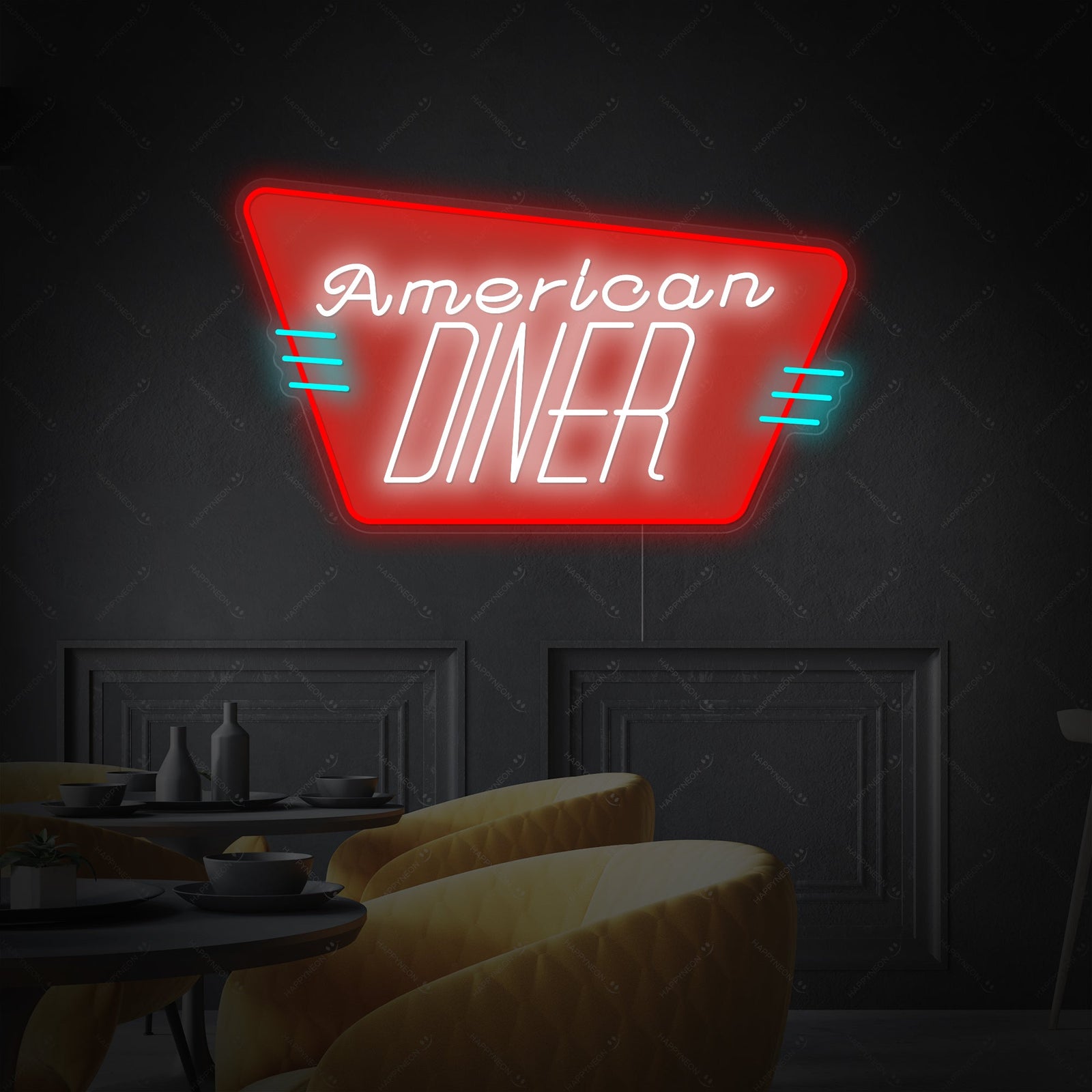 A graphic design mockup of a neon sign featuring the words 'American Diner' in a stylized vintage shield design.