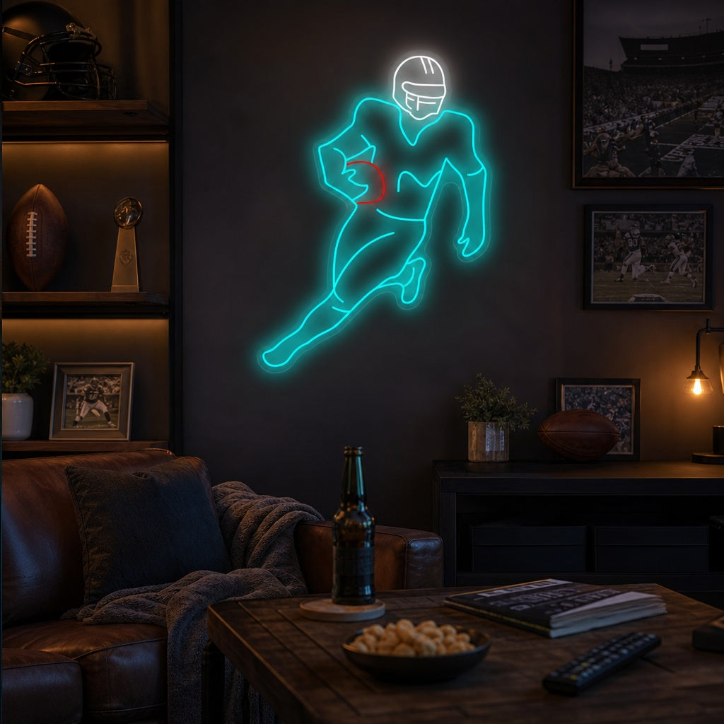 American Football Player neon sign illuminated against a wall