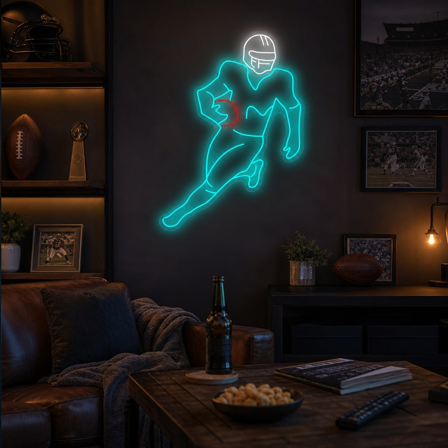 American Football Player neon sign illuminated against a wall