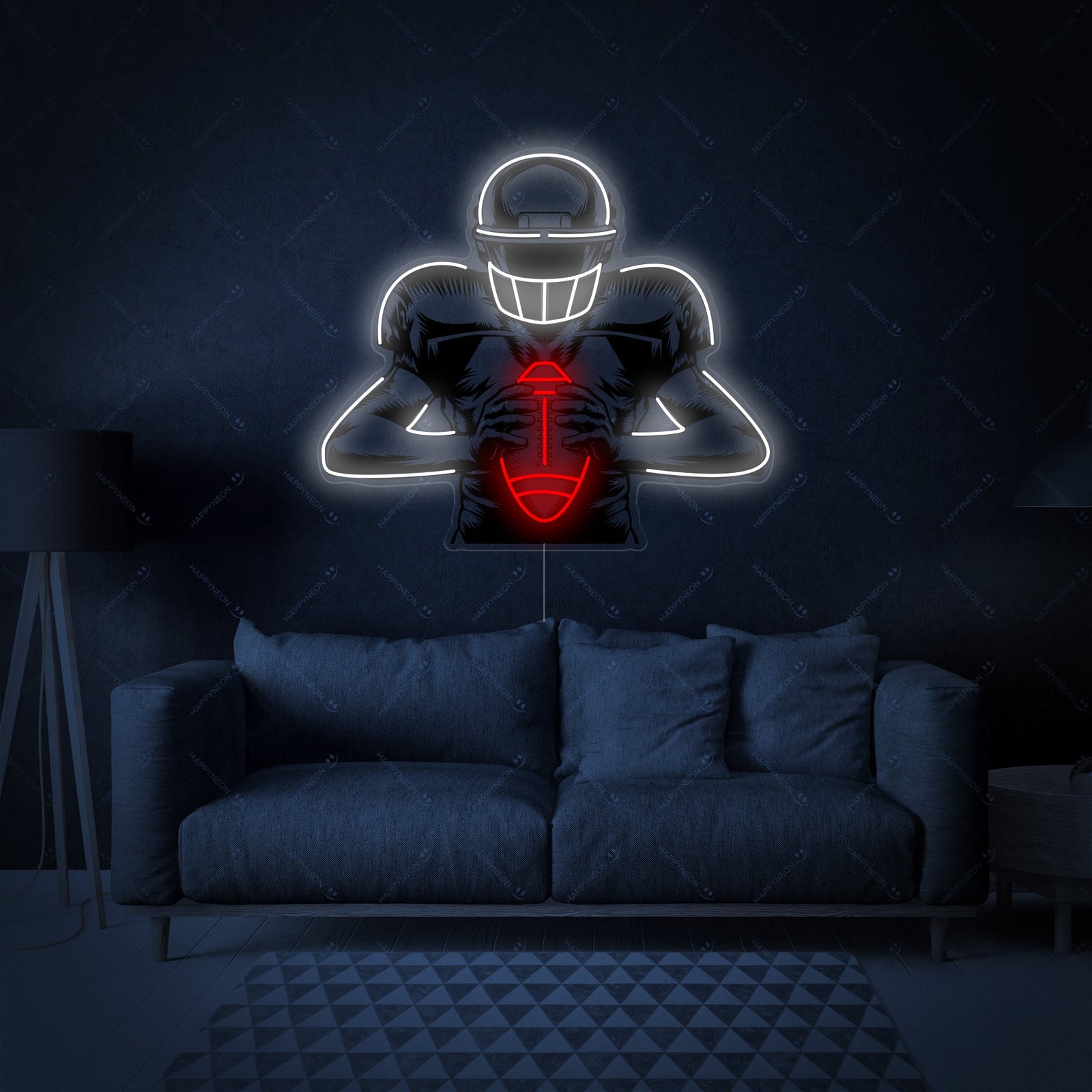 A direct graphic view of the American Football Player neon sign design, showing the white and blue neon tubing mounted on a clear acrylic backing.