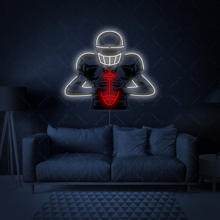 A direct graphic view of the American Football Player neon sign design, showing the white and blue neon tubing mounted on a clear acrylic backing.