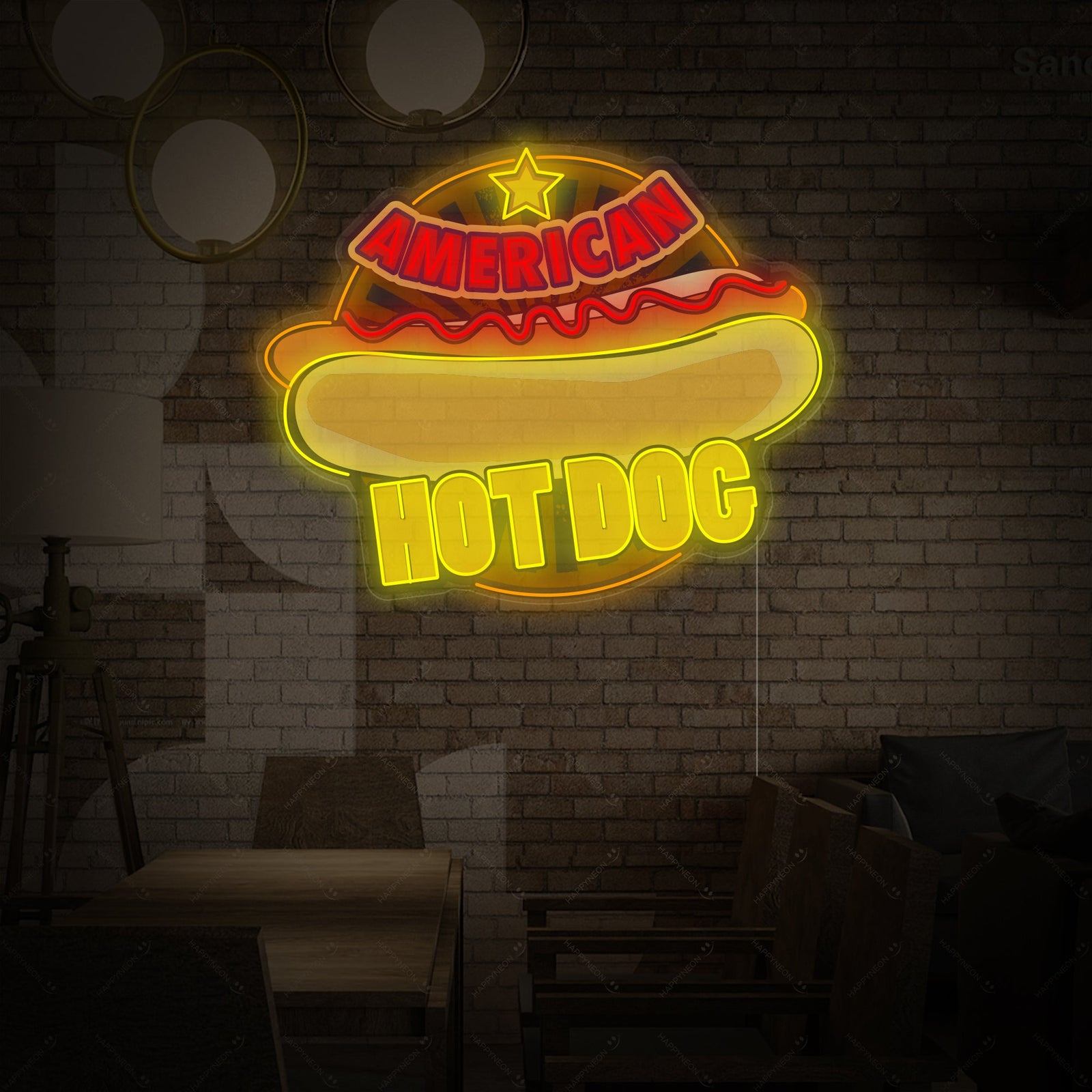 A clear, direct view of the illuminated 'American Hot Dog' neon sign design, featuring glowing script and a graphic of a hot dog on an acrylic backing.
