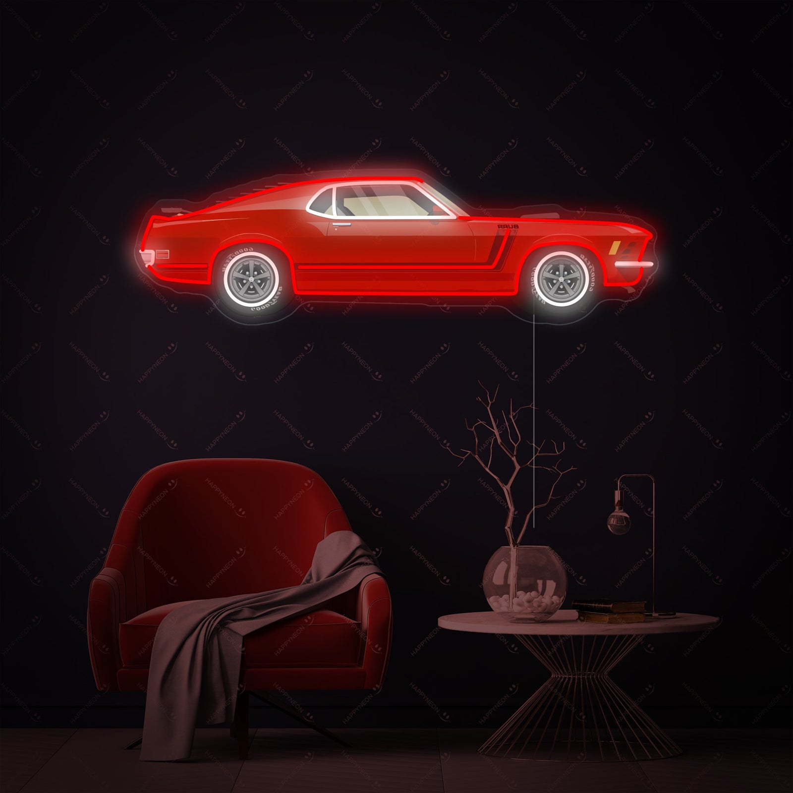 Detailed line art rendering of a classic American Muscle Car neon sign design.