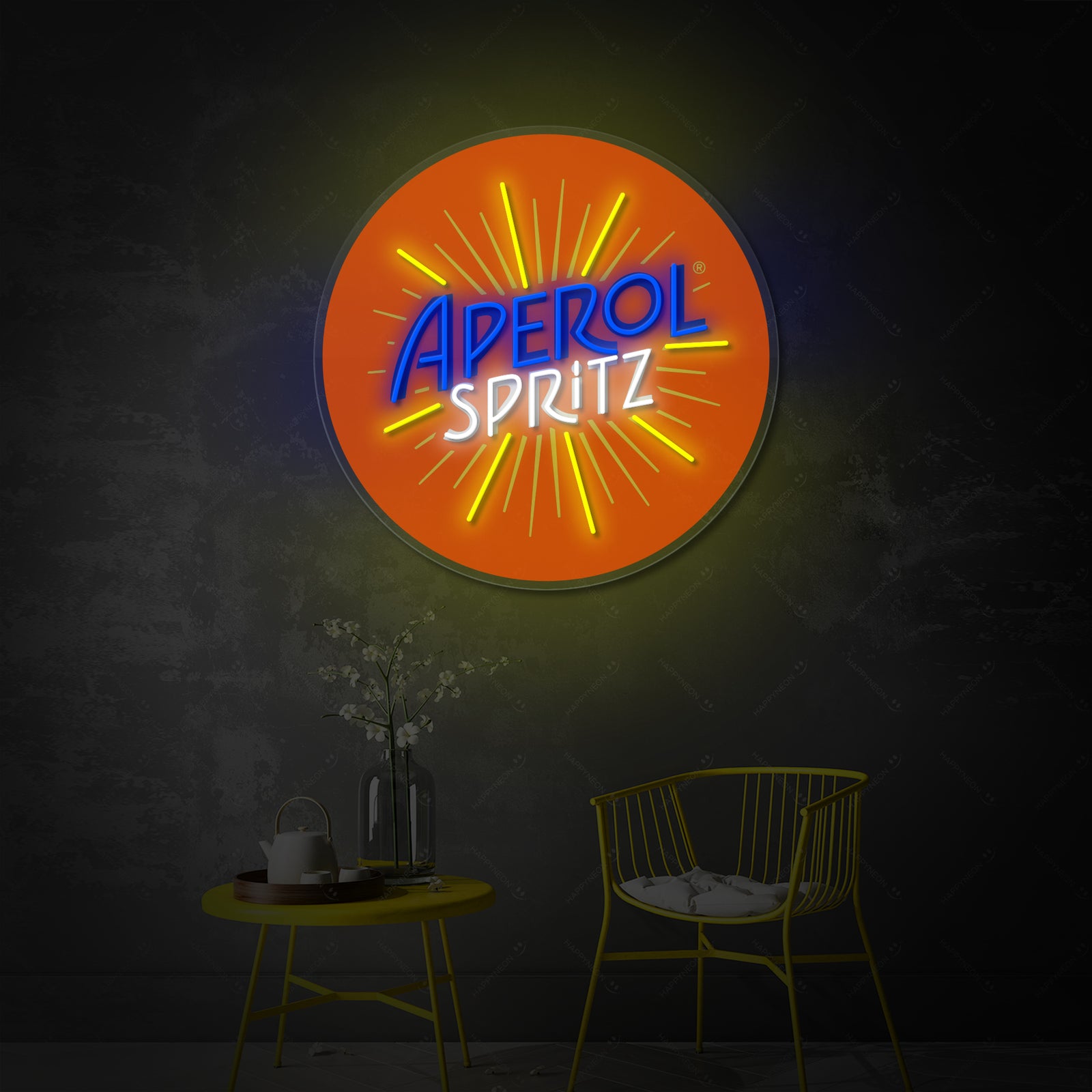 Aperol Spritz neon sign in the shape of a cocktail glass glowing brightly.