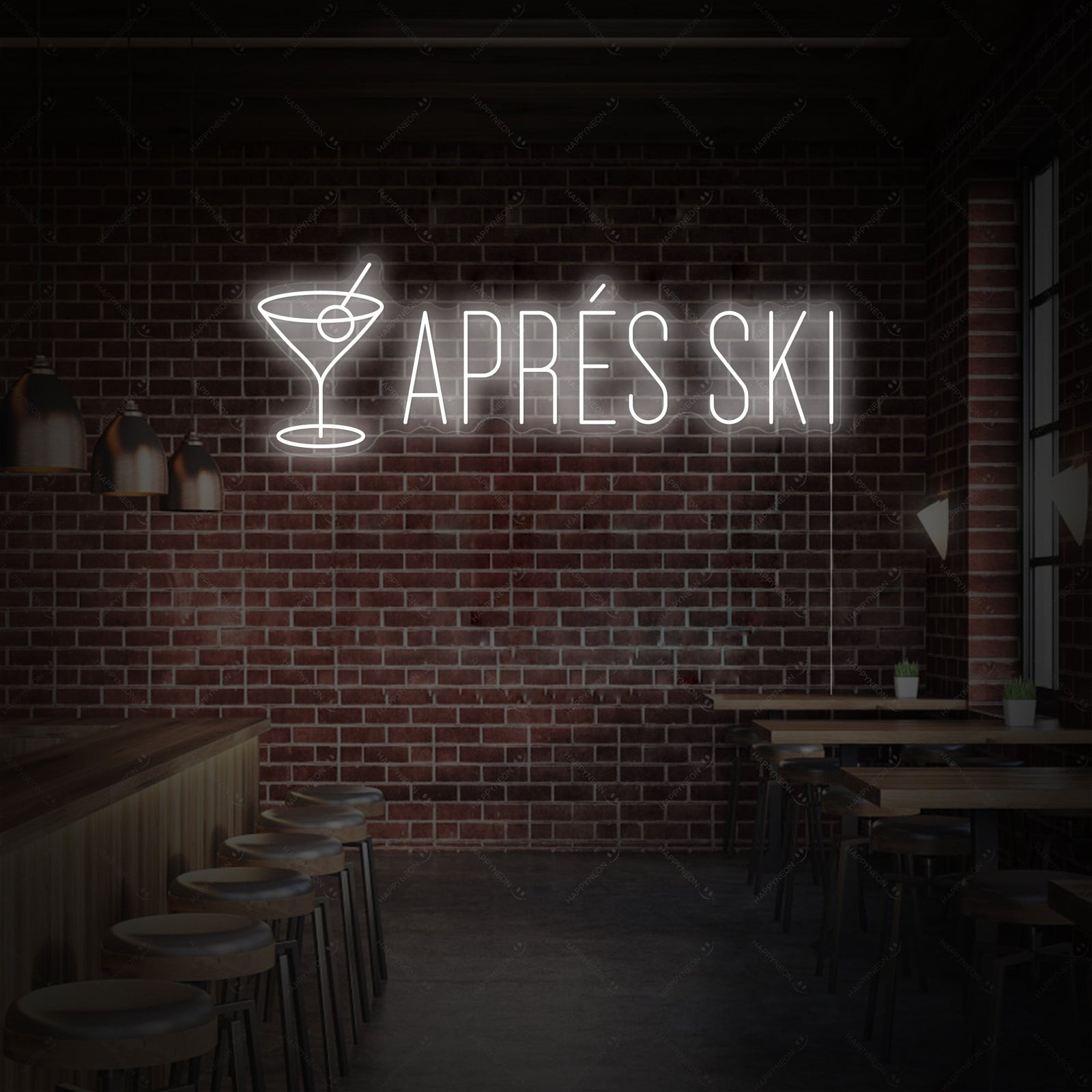A realistic Apres Ski neon sign with a clear acrylic backing, displayed on a textured wooden wall above a cozy home bar setup.
