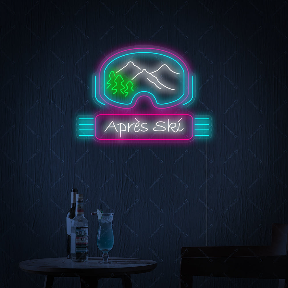 A detailed view of the unlit 'Apres Ski' neon sign showing its script design and clear acrylic mounting backing.
