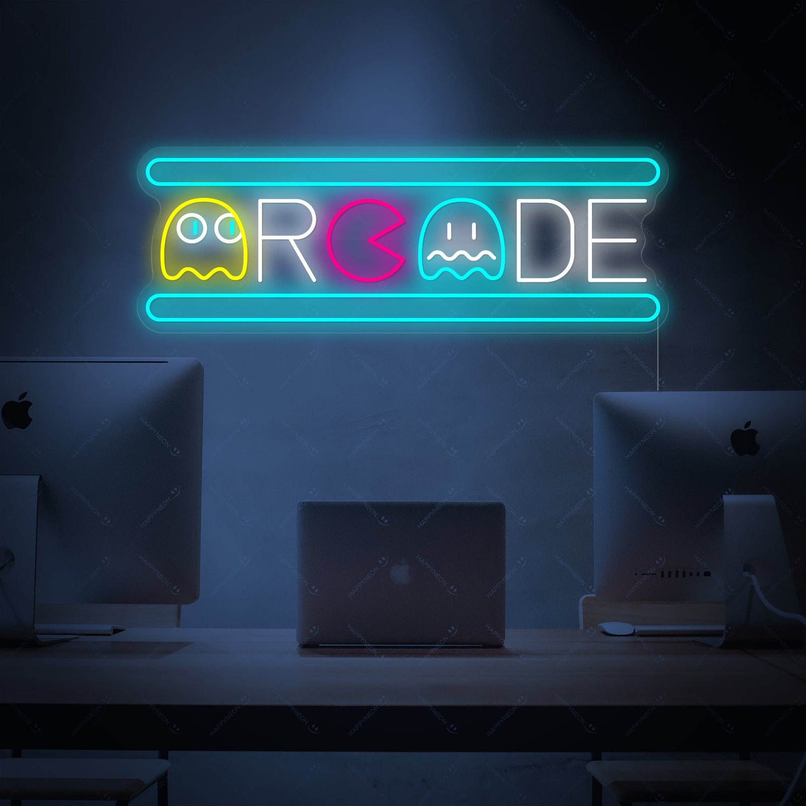 A glowing red and light blue Arcade Ghost neon sign illuminated against a brick wall.
