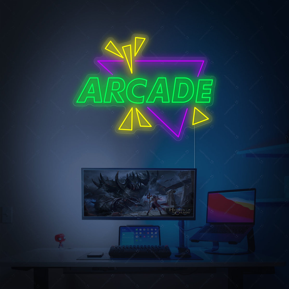 Close-up of a blue vintage style Arcade neon sign graphic overlay with clean lines