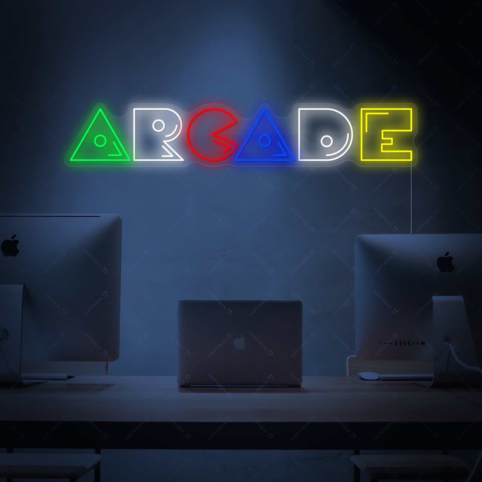 Detailed shot of the 'Arcade' neon sign glowing pink on a black background, showcasing the individual tubes and sturdy clear acrylic backing.