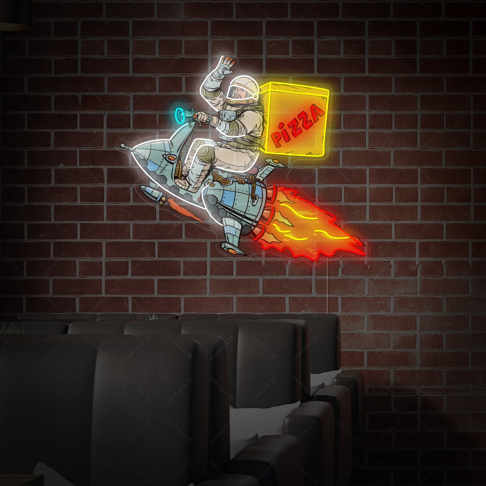 Detailed product shot of the 'Astronaut Delivering Pizza' neon sign, showing the intricate tubing and craftsmanship.