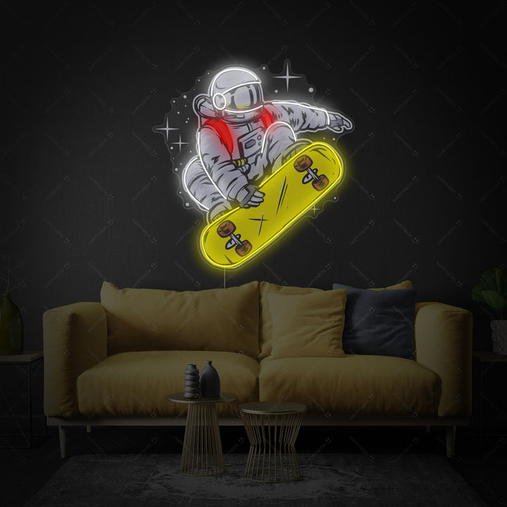 Close-up detail of the 'Astronaut On Skateboard' neon sign, showcasing the clear acrylic backing and the complex LED neon tubing creating the colorful glowing space illustration.