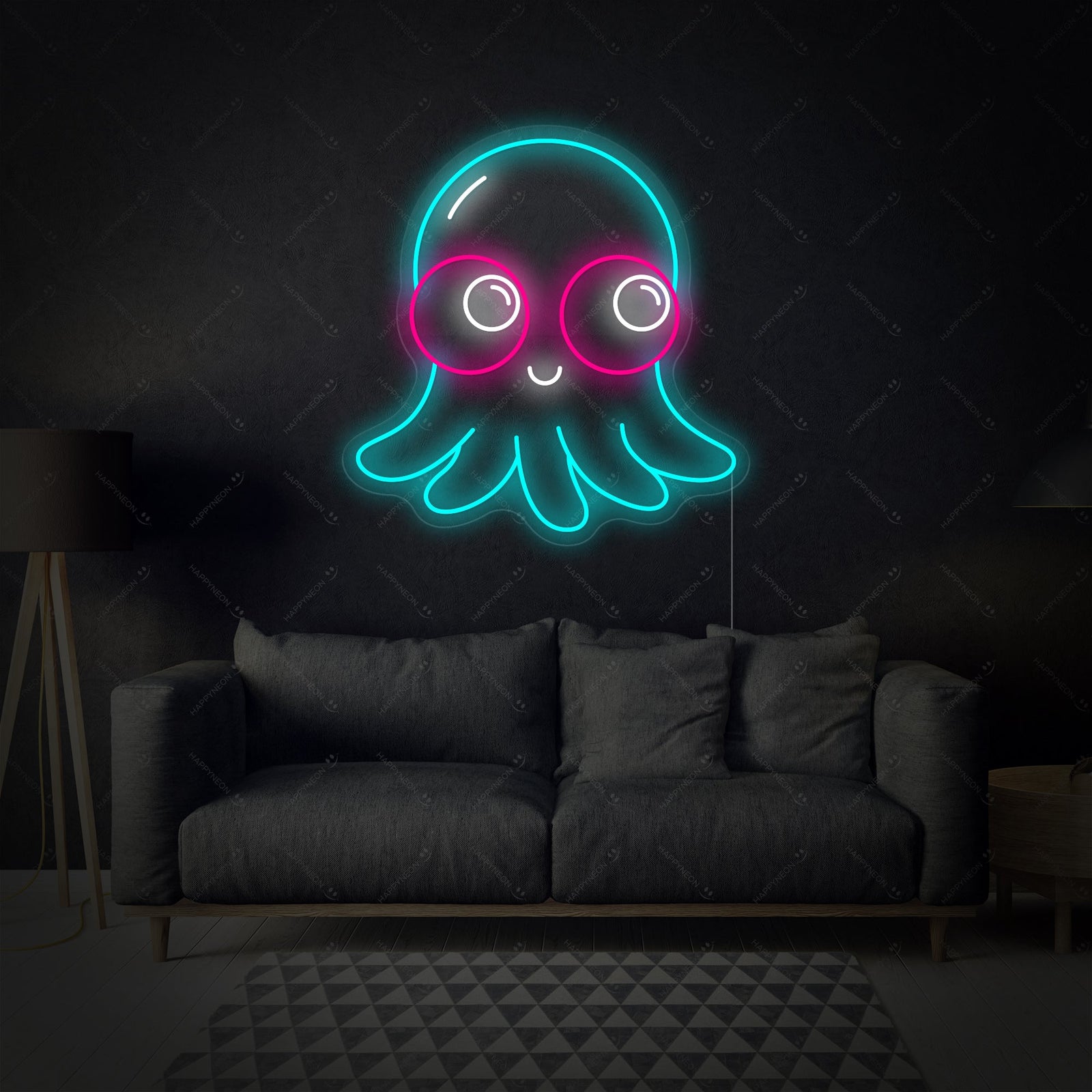 A digital rendering of the glowing purple baby octopus neon sign composited above a white bench in a modern living room setting.
