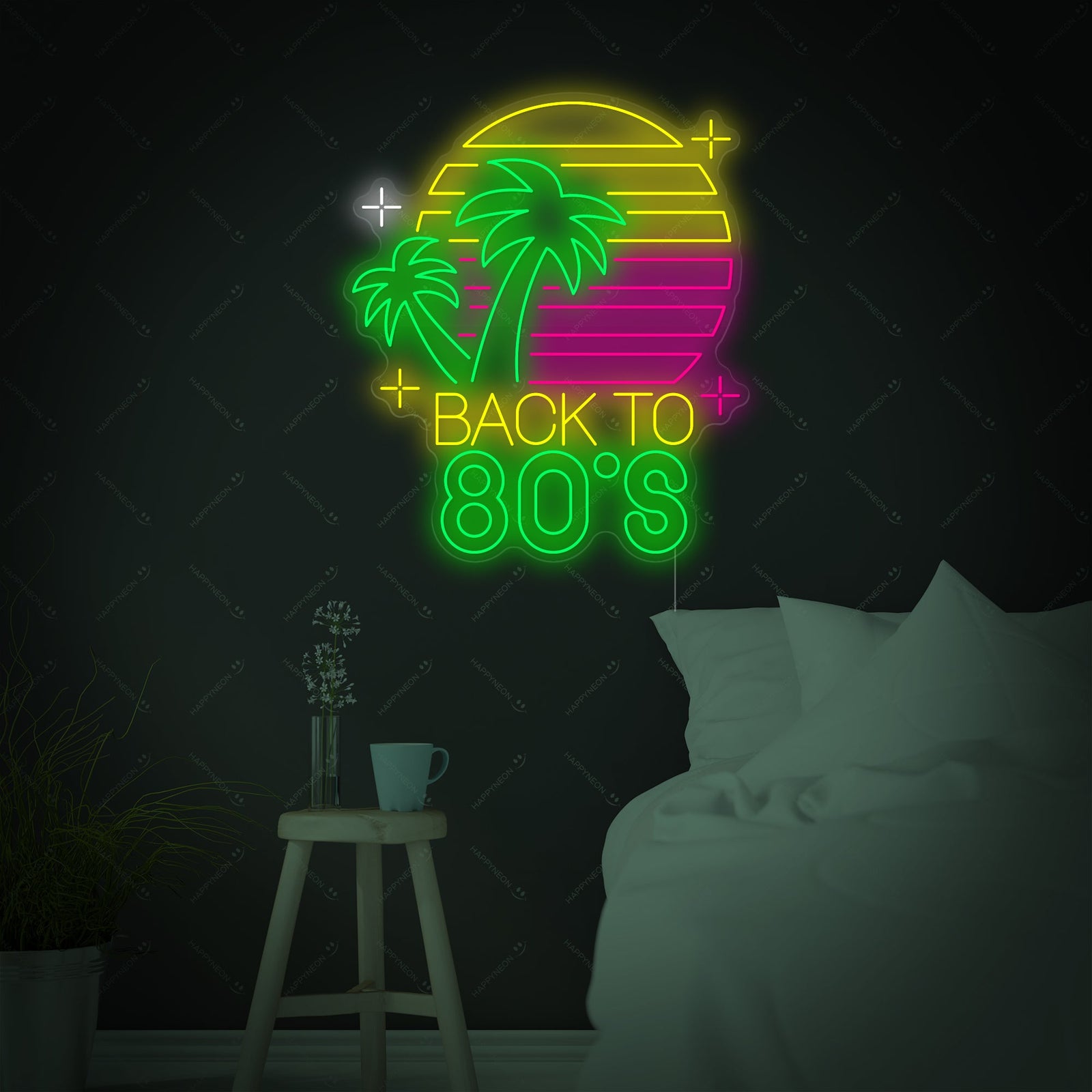 A mockup image of the 'Back To 80s' neon sign glowing brightly on a textured surface, showcasing the design details.