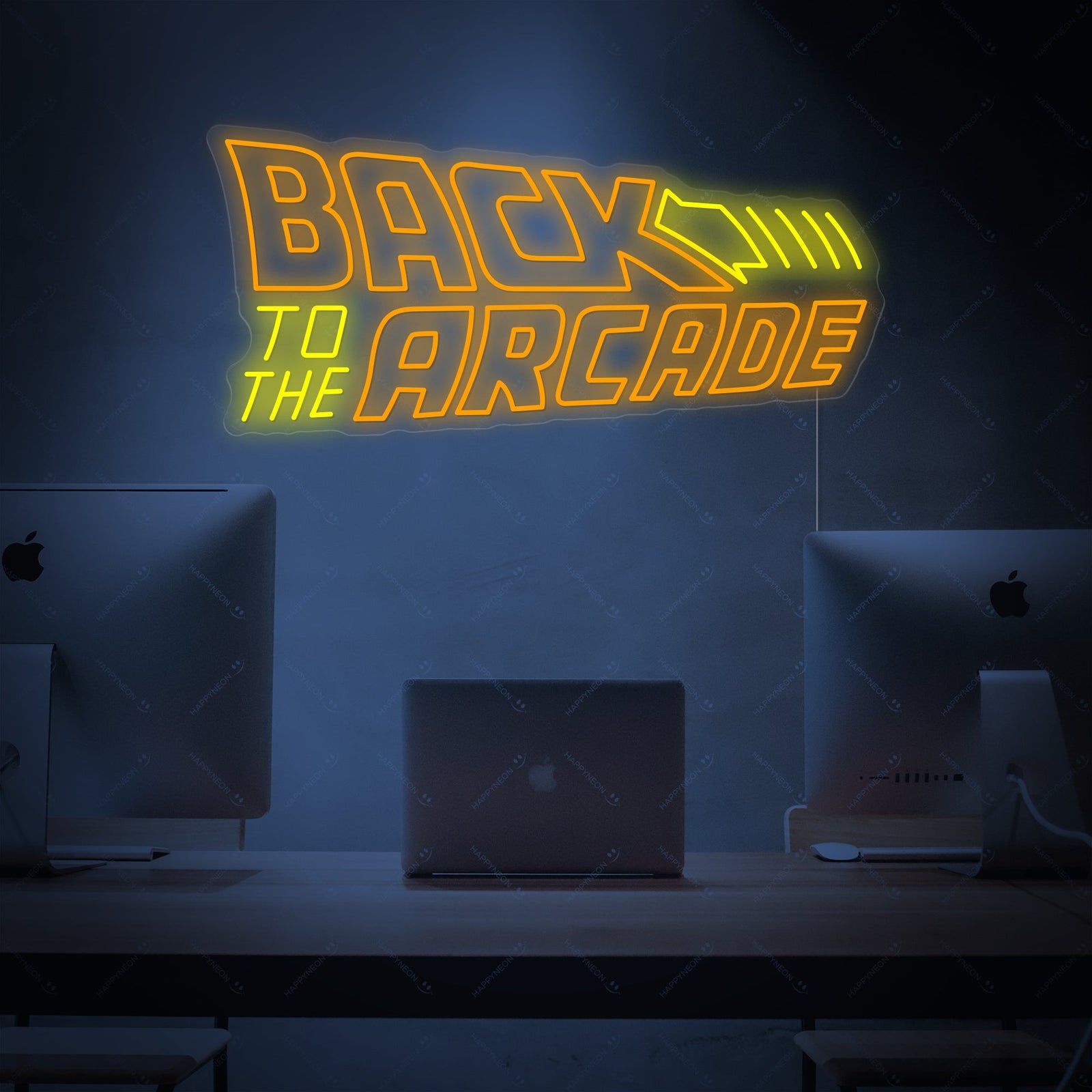 Close-up of the illuminated Back To The Arcade neon sign, showing the clear acrylic backing and intricate power wiring.