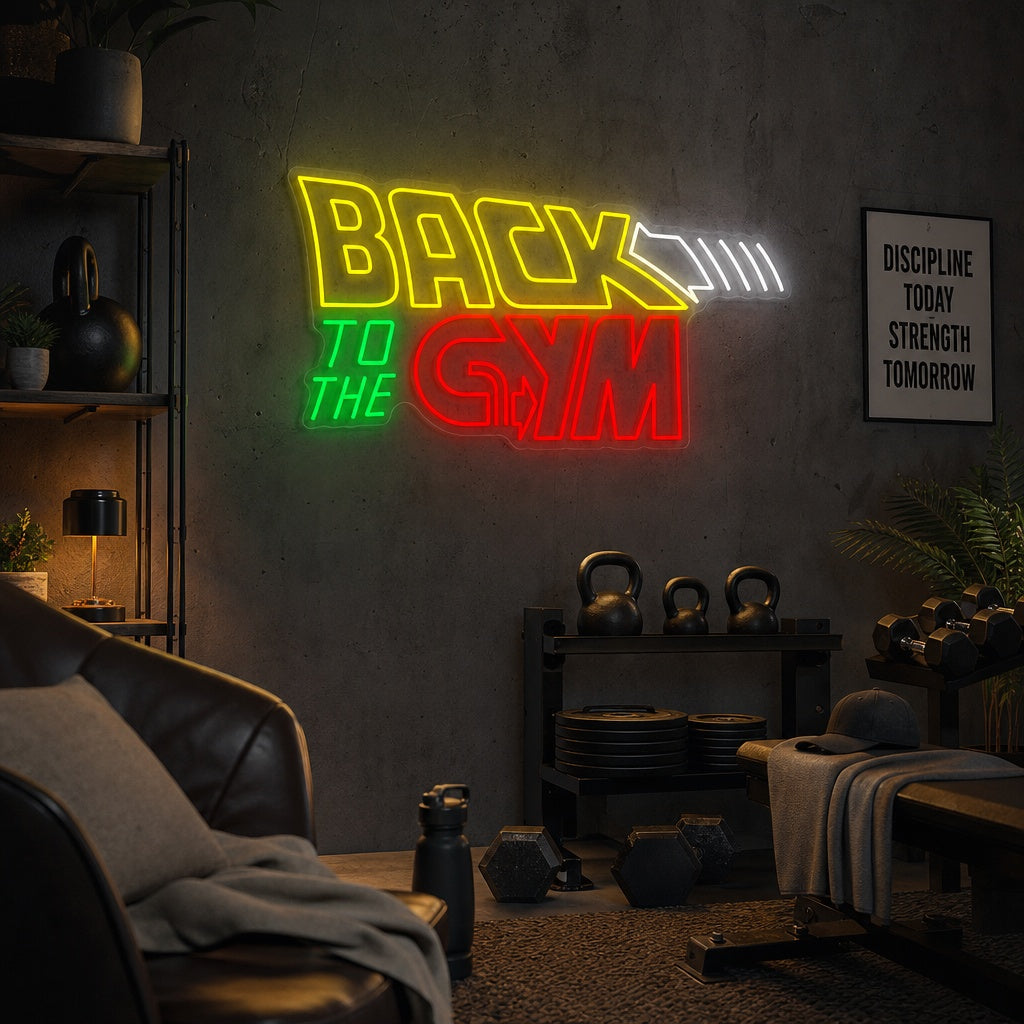 A vibrant 'Back To The Gym' neon sign glowing on a textured gym wall, motivating workouts in a home fitness setup.