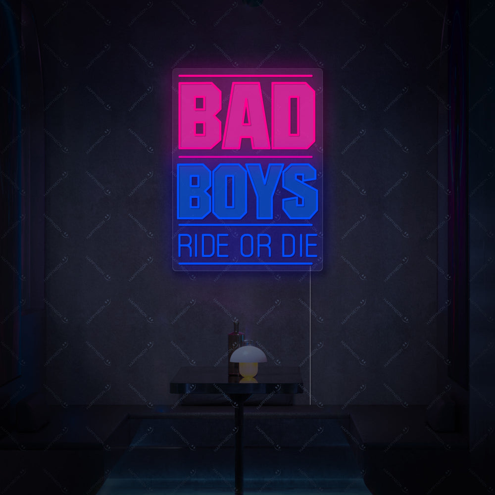 Close-up photograph of the Bad Boys Ride Or Die neon sign with white glowing tubing on a dark brick wall