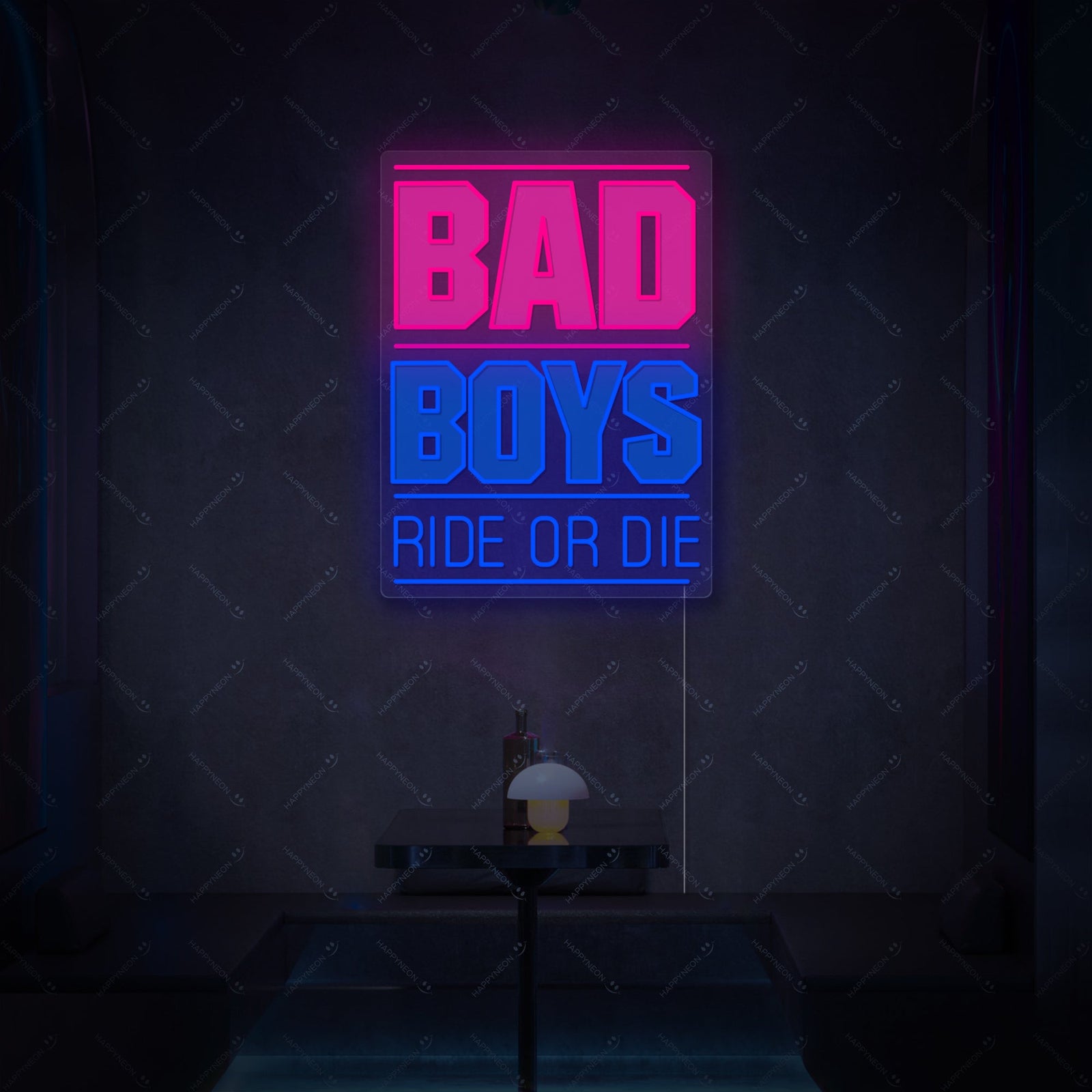 Close-up photograph of the Bad Boys Ride Or Die neon sign with white glowing tubing on a dark brick wall