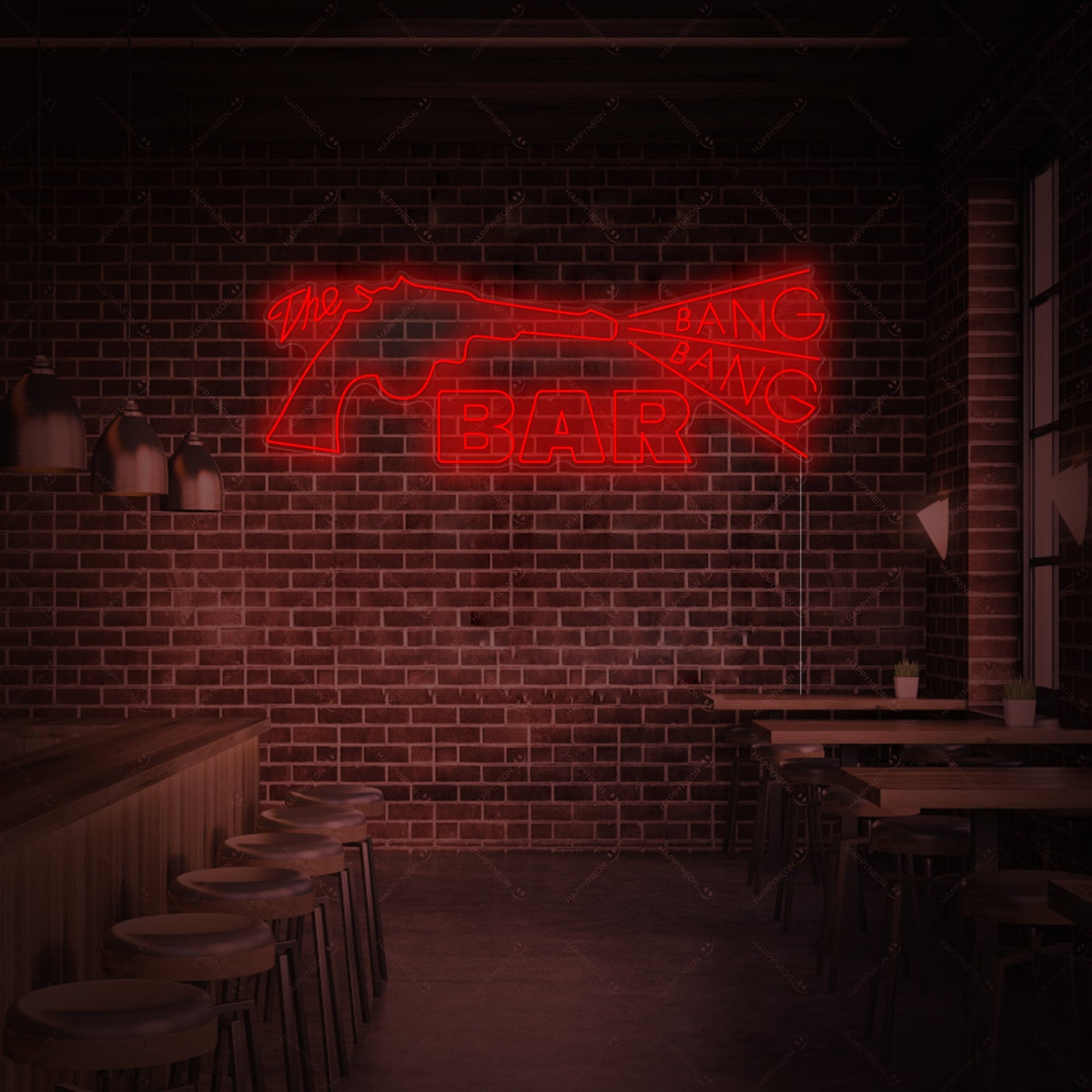 Illuminated Bang Bang Bar neon sign mounted on a textured brick wall within a dim bar setting.