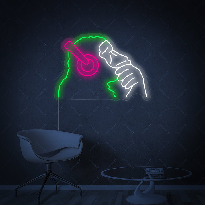 A detailed view of the Banksy Dj Monkey Neon Sign showing the bright tubes and quality craftsmanship.