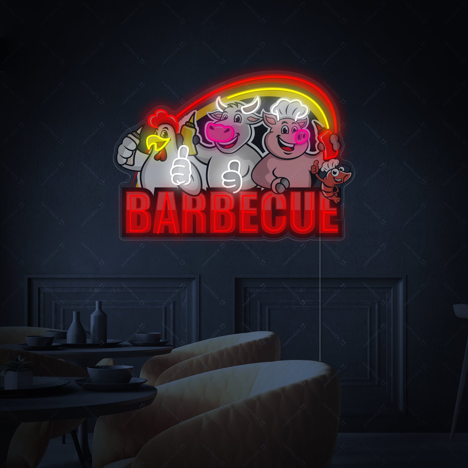 A glowing 'Barbecue' neon sign featuring detailed UV printed graphics and bright neon accents, showcasing the full design in an inviting environment.
