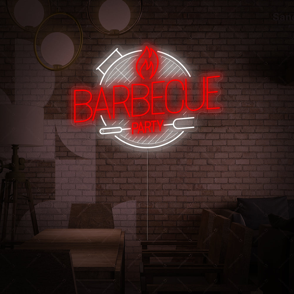 The 'Barbecue Party' neon sign is shown illuminated against a dark, textured wall, highlighting its intricate design and colorful glow.