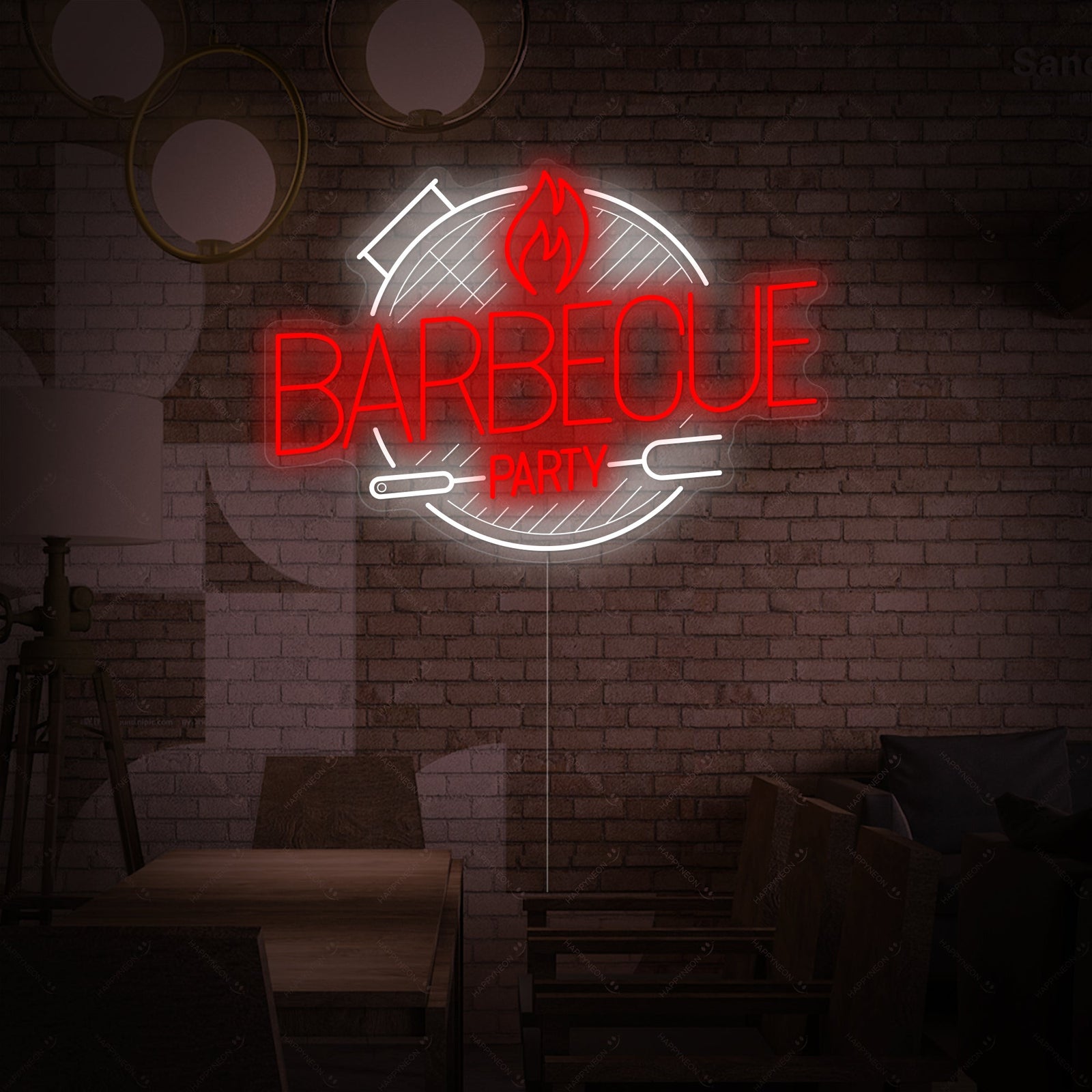 The 'Barbecue Party' neon sign is shown illuminated against a dark, textured wall, highlighting its intricate design and colorful glow.